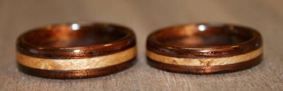 Dark Hawaiian Koa Wood Rings with inlays of birds eye maple