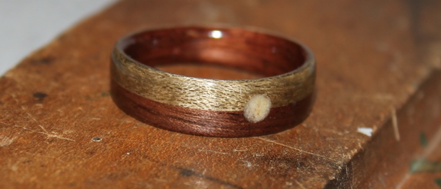 Man's Touch Wood Ring.  Walnut wood with Greyed Maple and a full moon inlay on split ring design