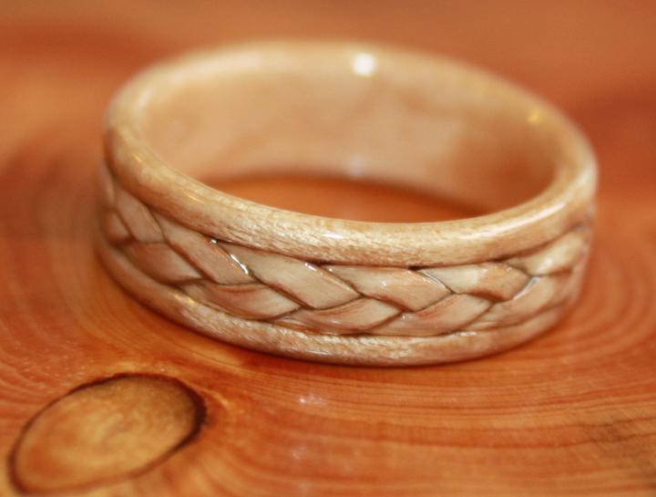 Braided Birch Bark inlay on Birds Eye Maple Wood Ring