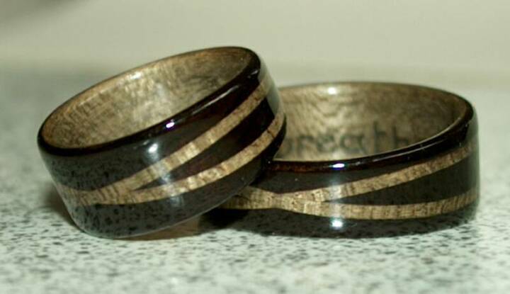 Hawaiian Koa Wood Ring with wide Zebra wood band ~ Hopi Bowl design