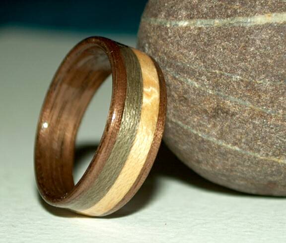 Walnut wood ring with grayed maple and birds eye maple inlays