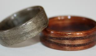 Hawaiian Koa wood rings with inlaid bands from Touch Wood Rings