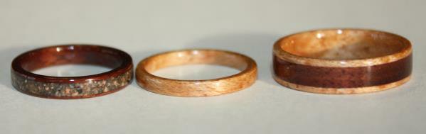 Wooden Engagement and Wedding ring set incorporating Black Walnut Wood, Birds eye Maple and Pink Granite from Touch Wood Rings