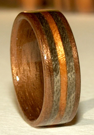 Black Walnut Wooden Ring with Greyed Maple and Koa Bands