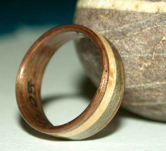 Walnut wood ring with maple and grayed maple inlays view 3